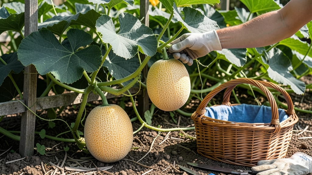 When to Harvest Cantaloupe From Garden: Blossom End Color Shift & Thigh Give Test